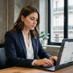 Jeune femme professionnelle suivant une formation digitale dans un espace de coworking parisien