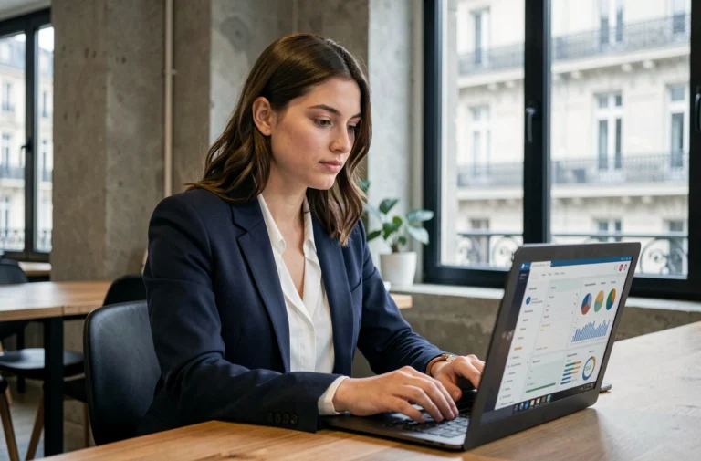 Jeune femme professionnelle suivant une formation digitale dans un espace de coworking parisien
