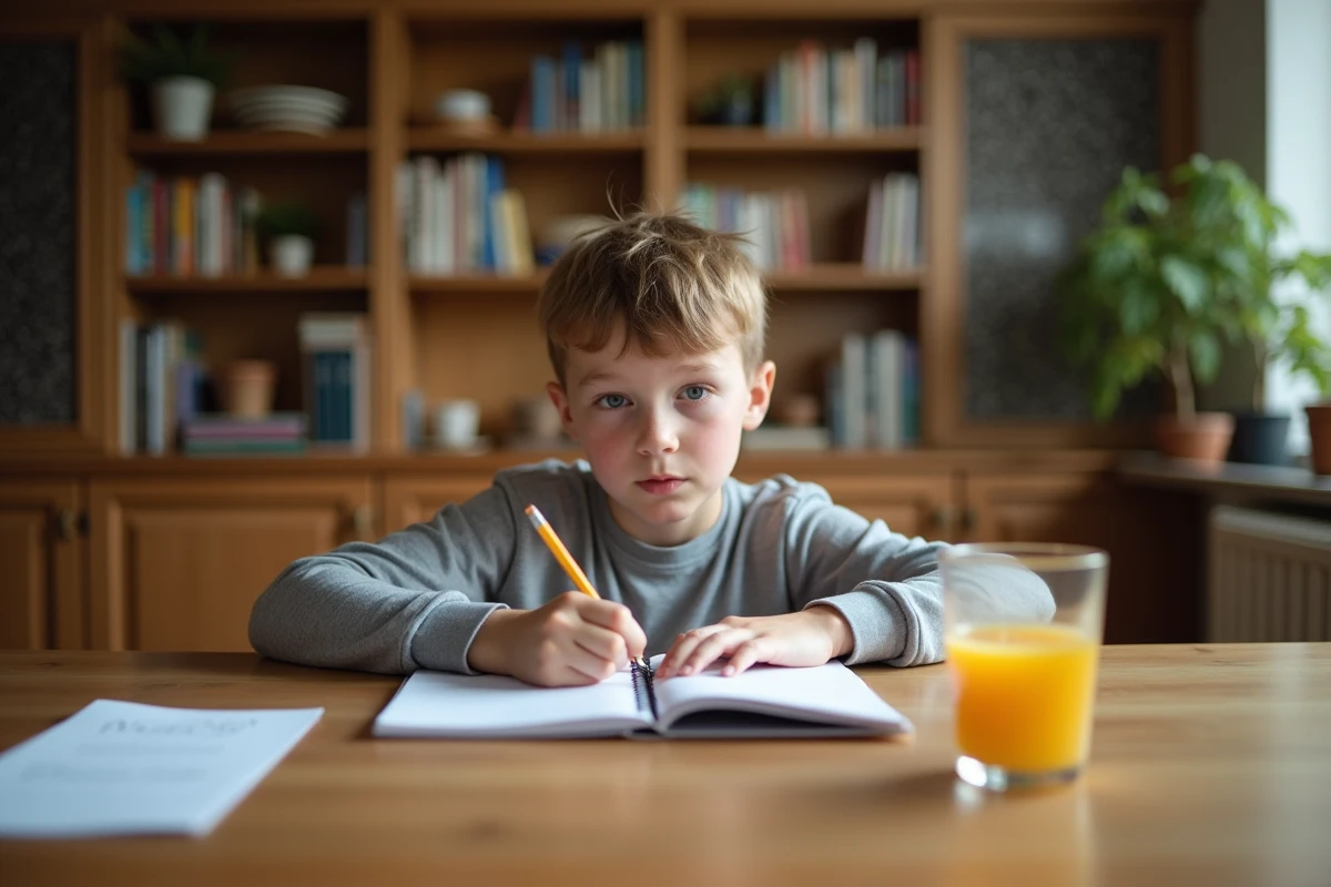 Garçon de CM2 révisant une dictée avec sa correction à la maison sur la table de cuisine