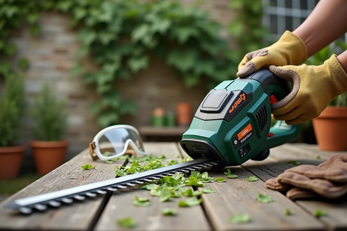 Gros plan d'un taille-haie électrique sans fil posé sur un établi de jardin avec accessoires de protection