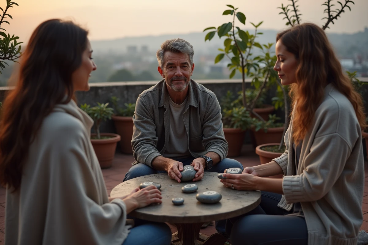 Groupe de trois adultes en cercle spirituel sur une terrasse urbaine tenant des pierres gravées de symboles mystiques