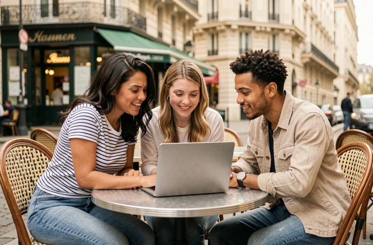 Groupe de jeunes professionnels parisiens collaborant sur une recherche d'emploi digital en terrasse de café