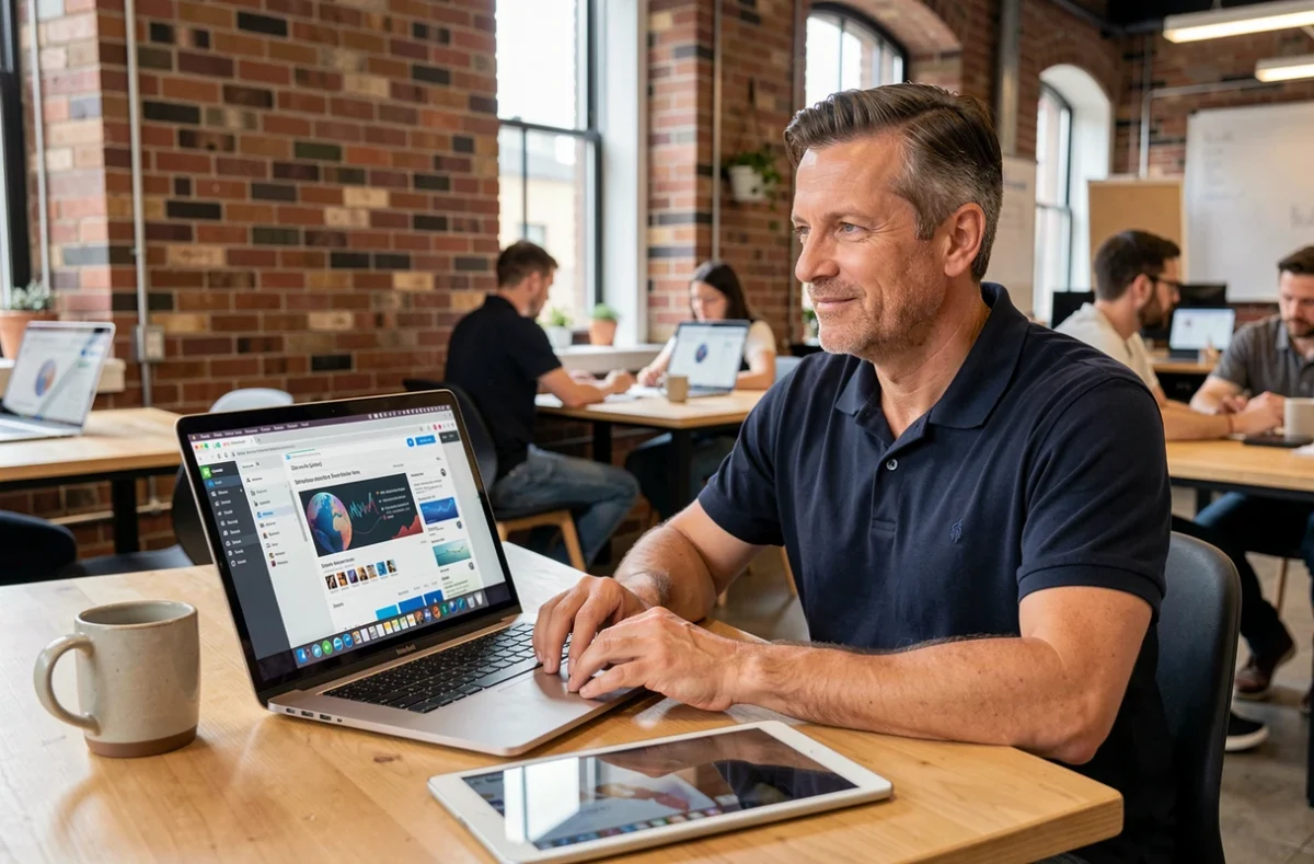 Homme consultant des ressources en ligne sur laptop dans un espace de coworking moderne