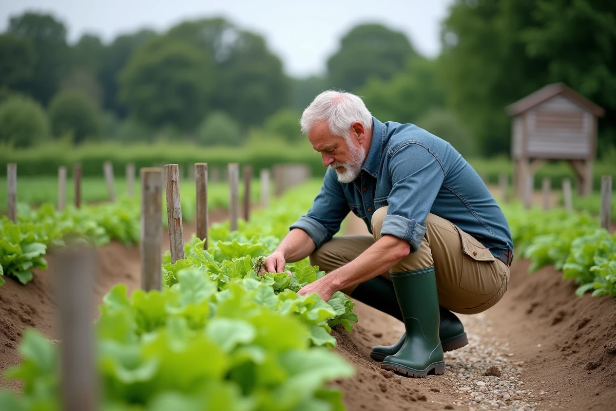 Homme inspecte les rangs de légumes d'un grand jardin potager en pleine saison estivale