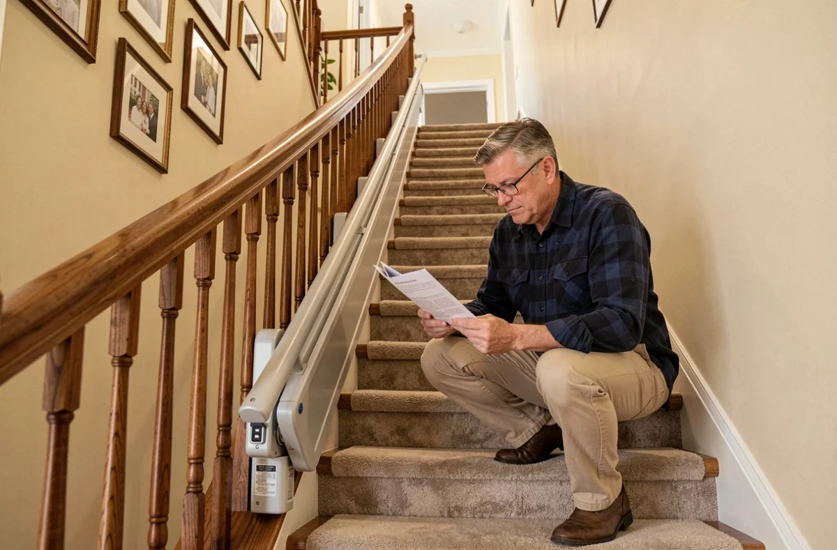 Homme examinant un monte-escalier ergonomique dans une maison résidentielle pour améliorer la sécurité et le confort