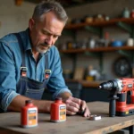 Homme en overalls examinant des petits contenants d'huile dans un atelier