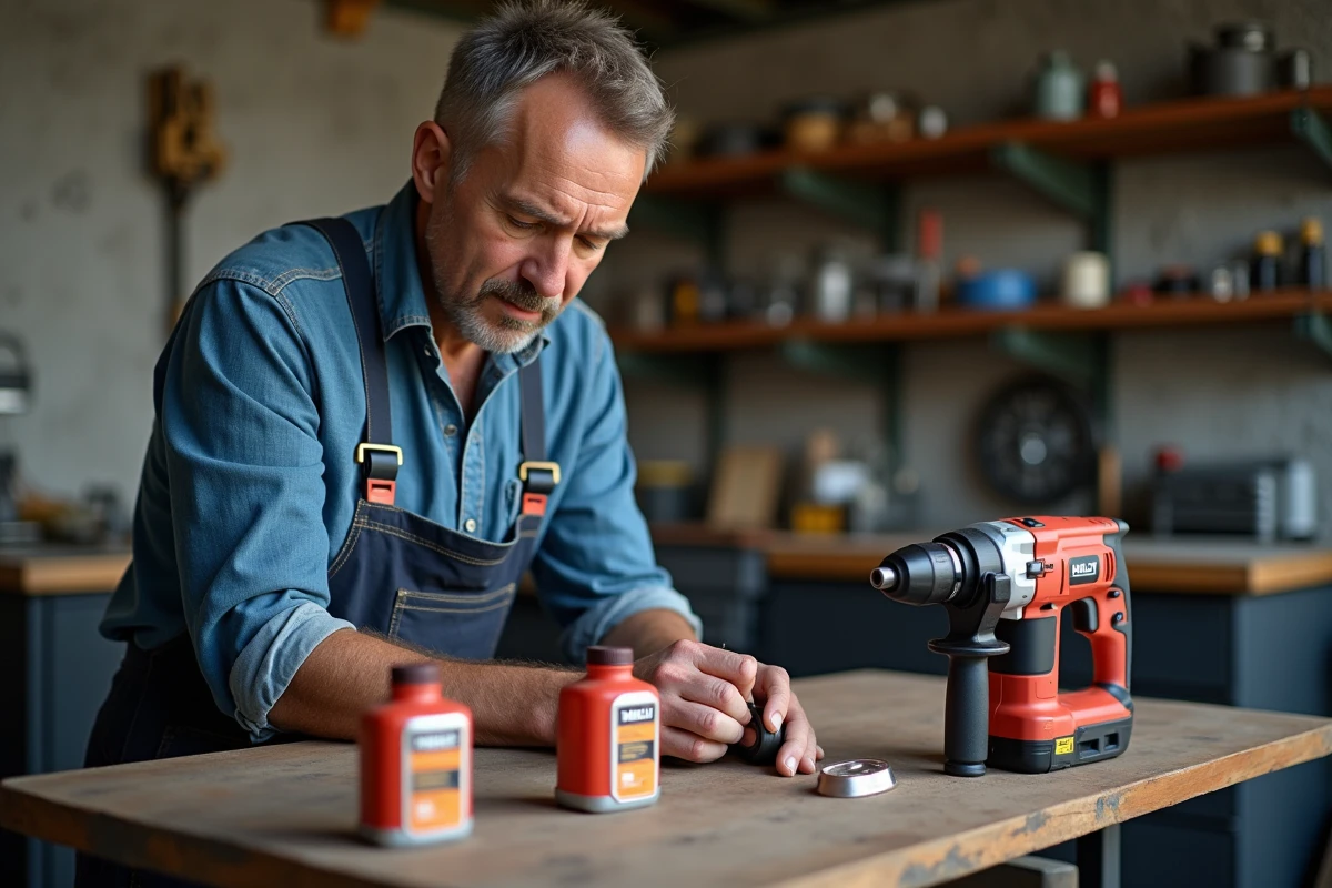 Homme en overalls examinant des petits contenants d'huile dans un atelier