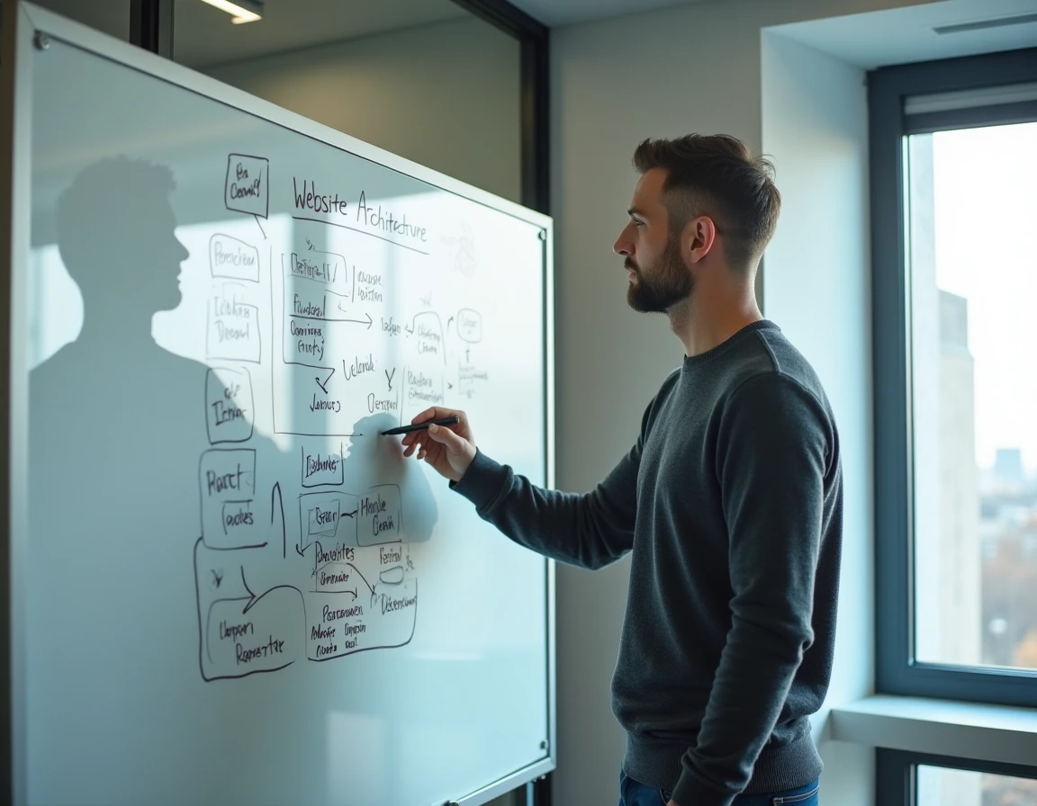 Homme dessinant un plan de site sur un tableau blanc dans une salle de réunion professionnelle