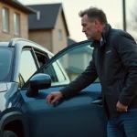 Homme regardant la porte conducteur d'un SUV bleu en banlieue
