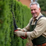 Homme utilisant un taille-haie électrique pour tailler une haie de buis dans un jardin soigné