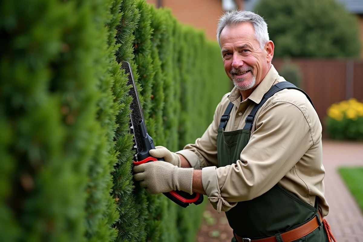 Homme utilisant un taille-haie électrique pour tailler une haie de buis dans un jardin soigné