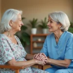 Infirmière gériatrique tenant la main d'une patiente âgée lors d'une consultation dans une maison de retraite chaleureuse