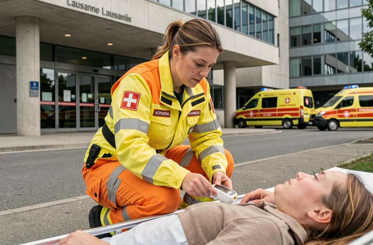 Infirmière des urgences du canton de Vaud prenant en charge un patient devant un hôpital suisse