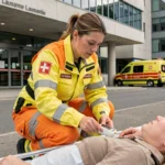 Infirmière des urgences du canton de Vaud prenant en charge un patient devant un hôpital suisse