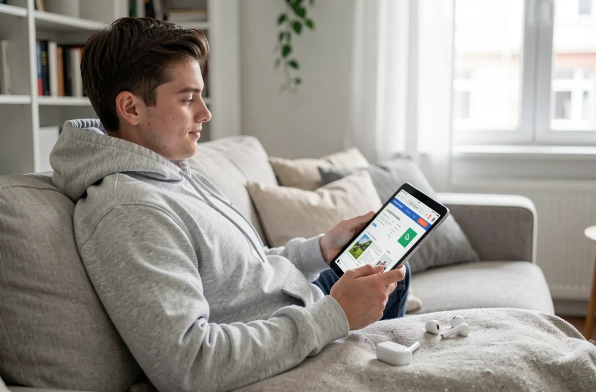 Jeune adulte explorant des ressources web éducatives sur tablette depuis son salon minimaliste