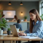 Jeune femme regardant son CV numérique sur un laptop dans un espace coworking