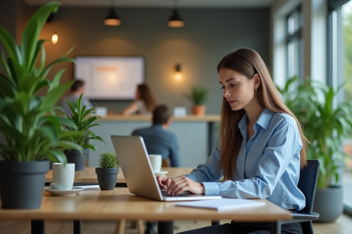 Jeune femme regardant son CV numérique sur un laptop dans un espace coworking