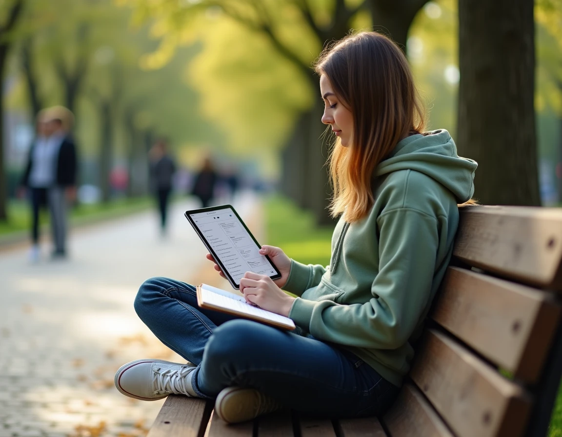Jeune femme consultant un plan de site sur tablette dans un parc urbain avec un carnet de notes