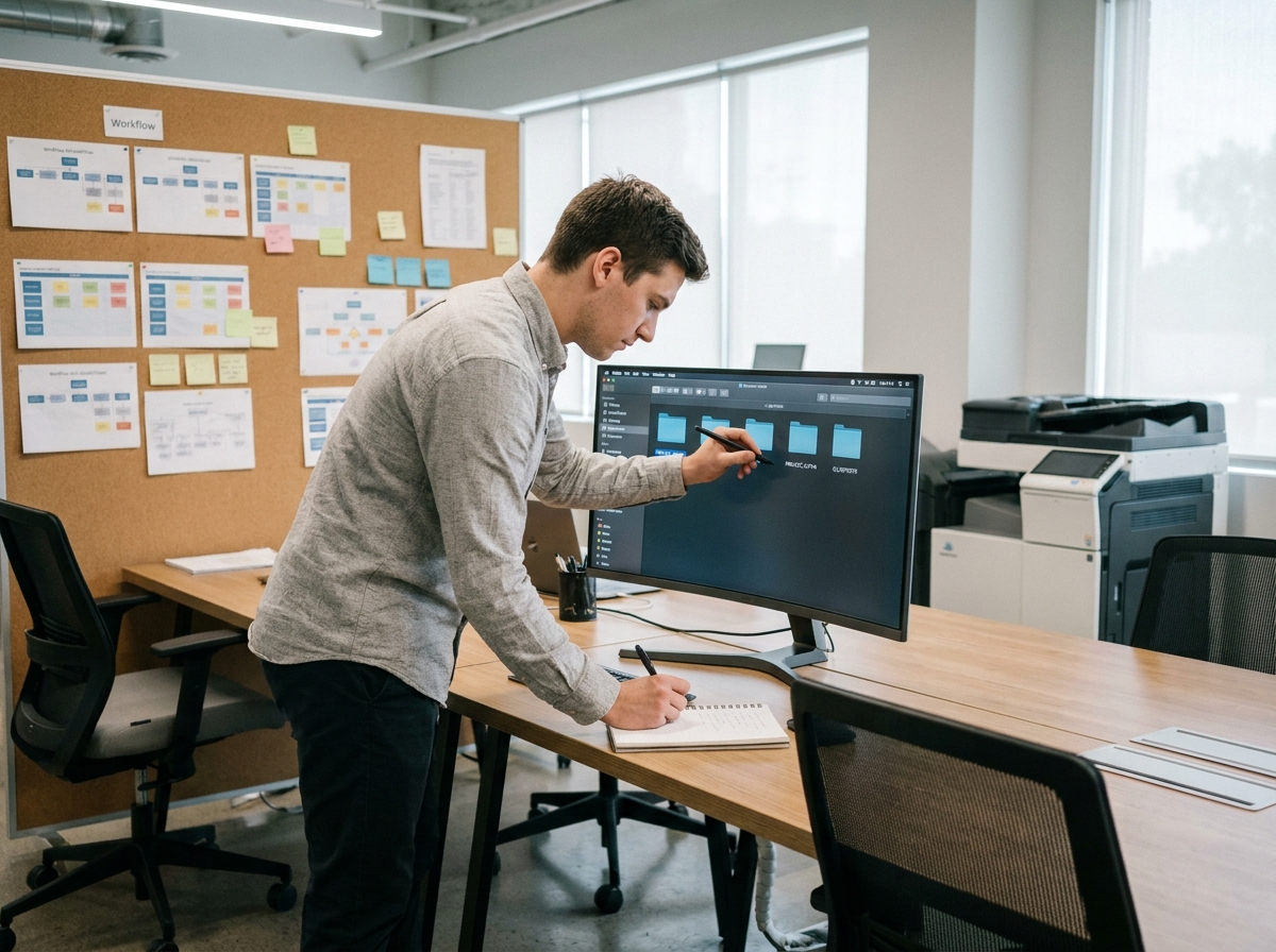 Jeune homme triant des fichiers numériques au bureau