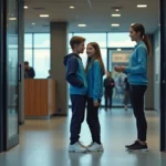 Adolescentes montrant leur carte d'identite a la reception