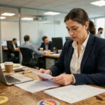 Journaliste concentrée analysant des documents d'enquête dans une salle de rédaction moderne