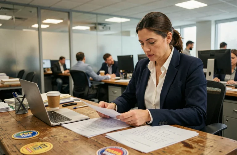 Journaliste concentrée analysant des documents d'enquête dans une salle de rédaction moderne