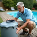 Homme examinant une pompe de piscine hors sol sans cartouche filtrante dans un jardin résidentiel