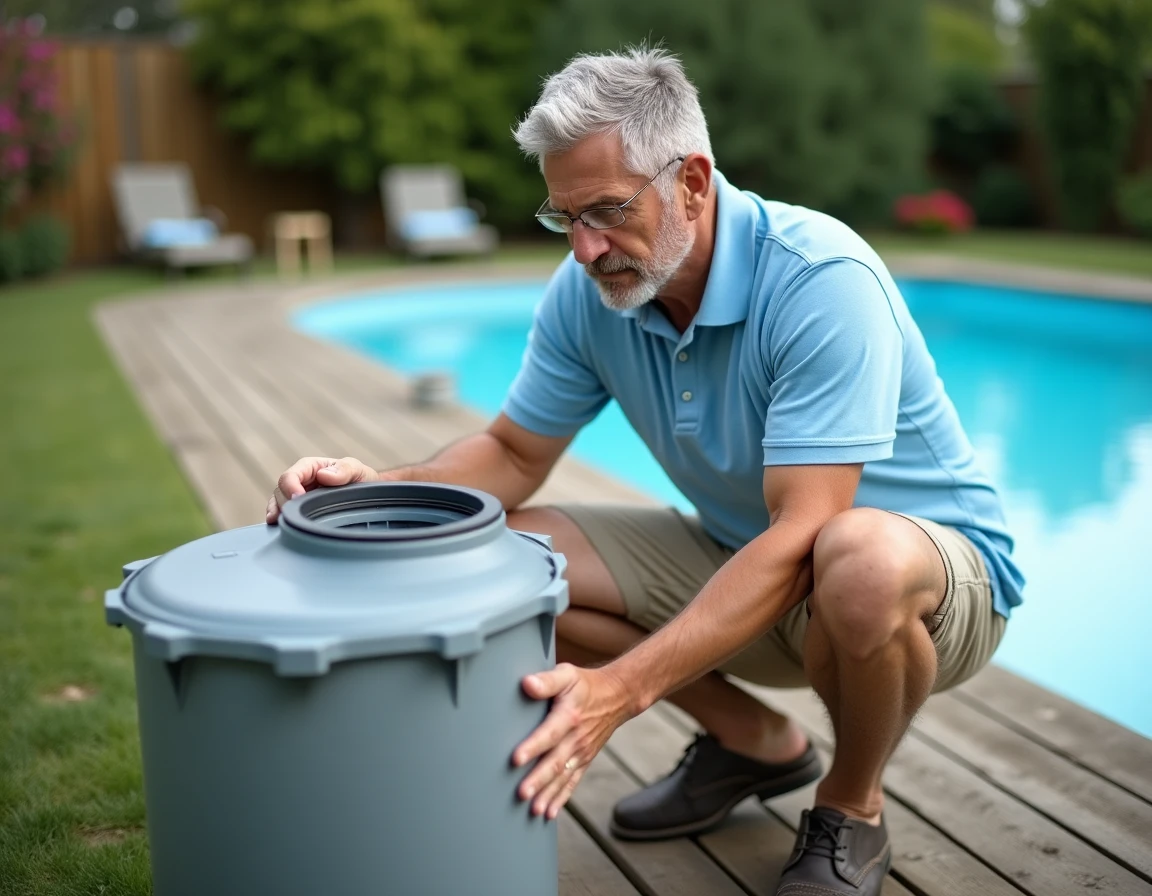 Homme examinant une pompe de piscine hors sol sans cartouche filtrante dans un jardin résidentiel