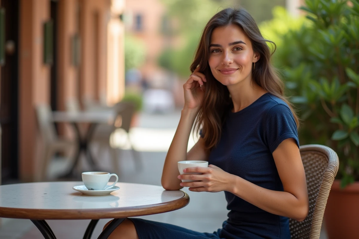 Jeune femme posée en robe marine assise en terrasse de café méditerranéen, portrait élégant et naturel