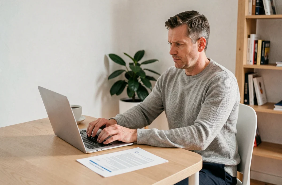 Homme consultant le site d'une agence de placement en Suisse depuis son bureau à domicile avec un CV prêt
