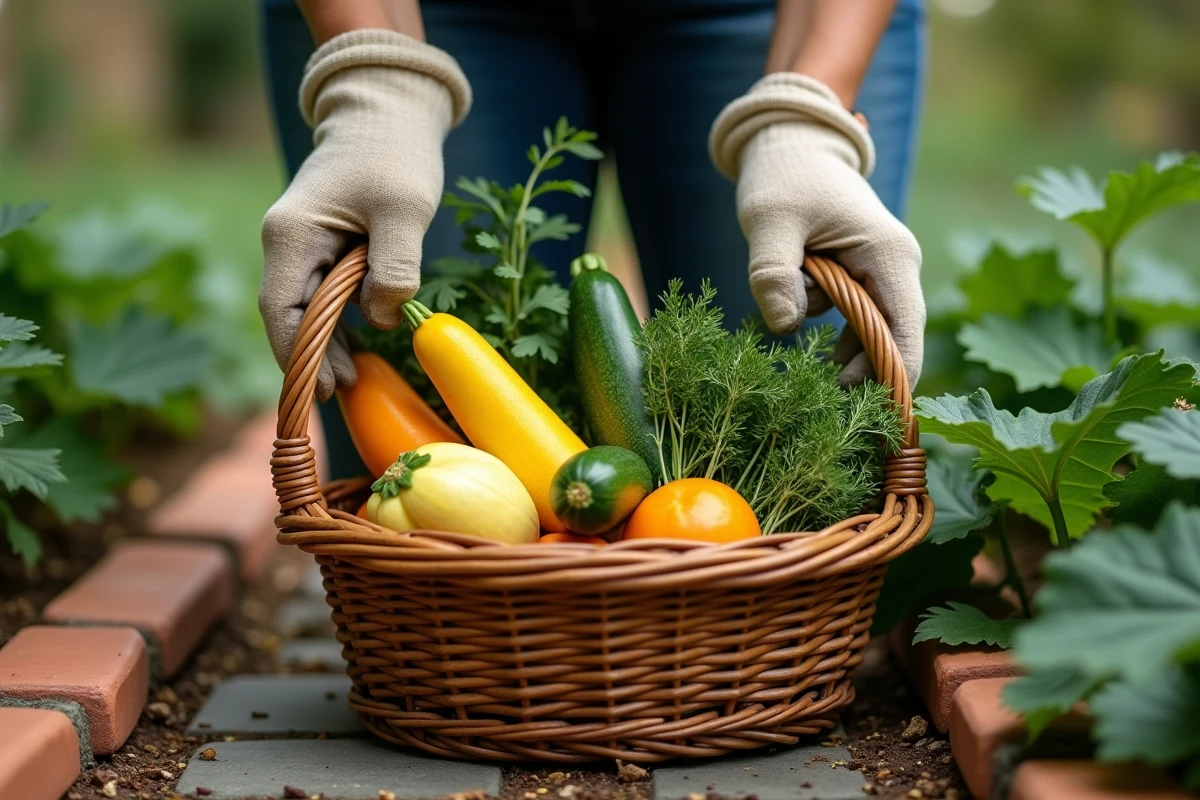 Récolte de courgettes et herbes aromatiques fraîches dans un panier en osier au potager en automne