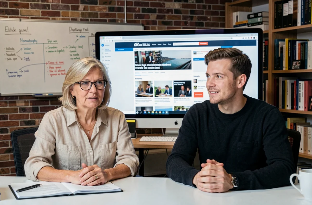Deux rédacteurs en chef collaborant sur la mise en page d'un site d'actualités