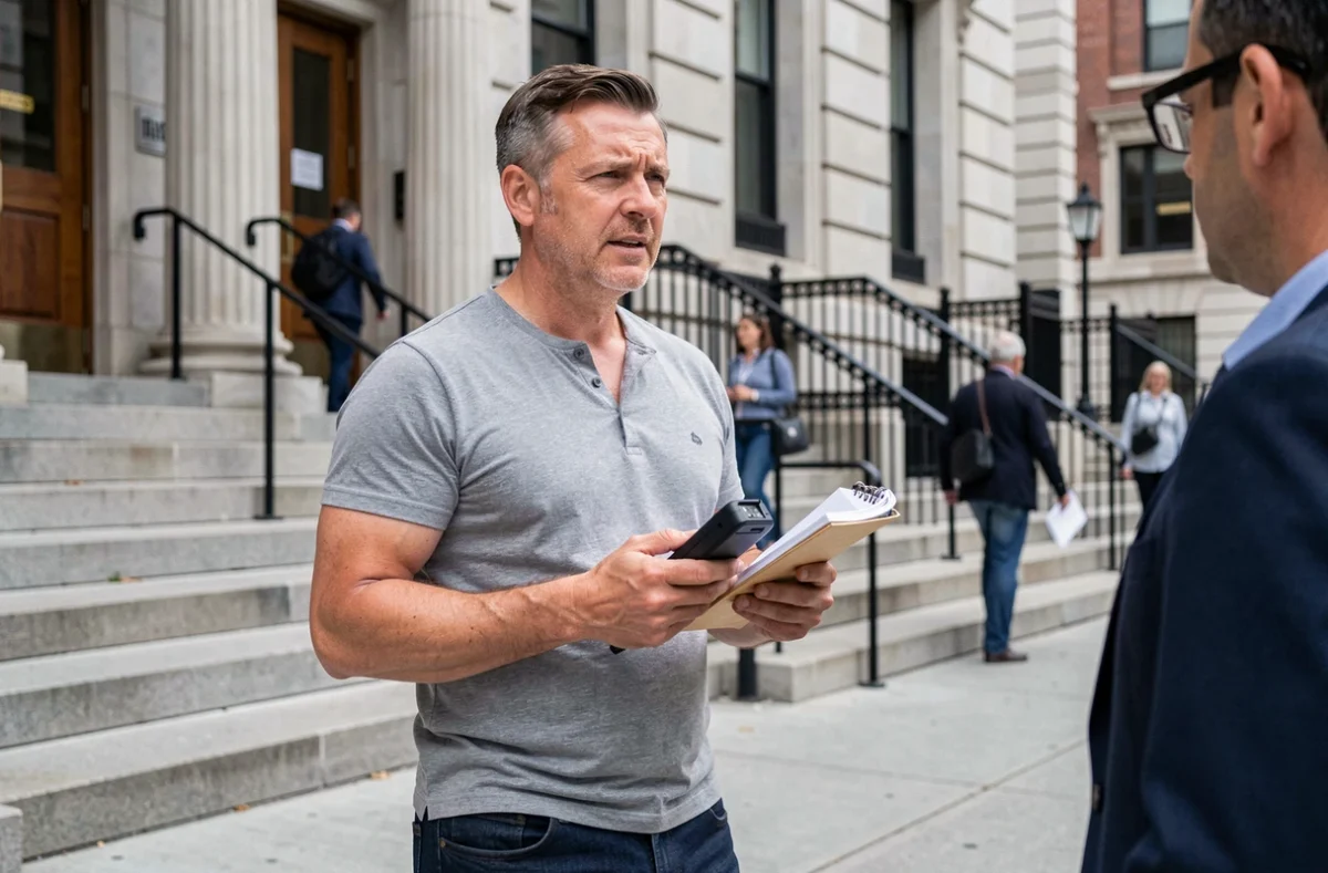Reporter homme interrogeant une source devant un palais de justice en ville