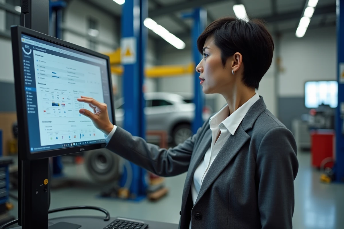 Responsable de centre Securitest utilisant les fonctionnalités clés de l'espace affilié sur un écran tactile dans un garage de contrôle technique