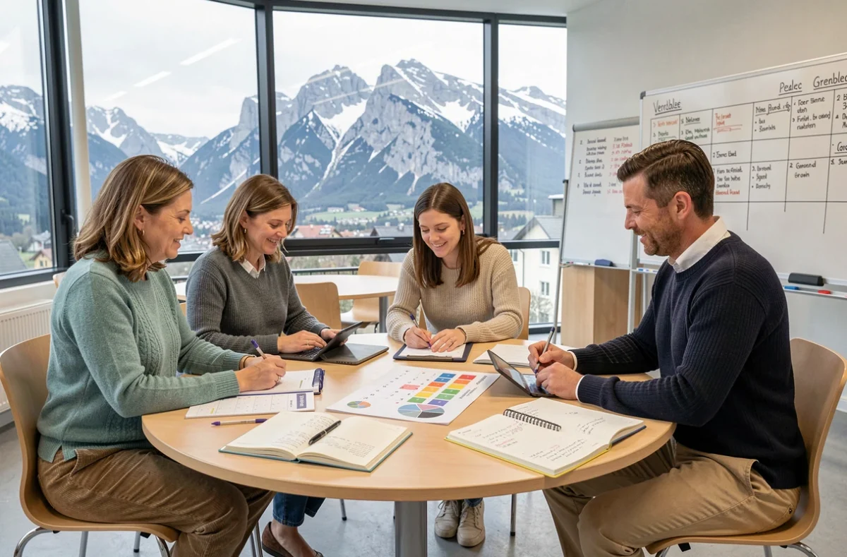 Groupe d'enseignants collaborant sur la planification pédagogique de l'année scolaire 2026 dans une salle de réunion avec vue sur les montagnes de Grenoble