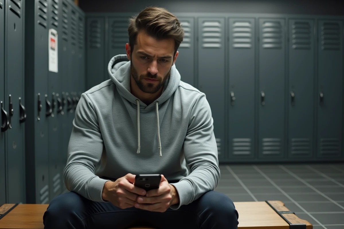Homme consultant les tarifs d'abonnement mensuel Basic-Fit sur son smartphone dans un vestiaire de salle de sport