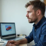 Technicien de contrôle technique connecté à son espace affilié Securitest sur un ordinateur portable dans un bureau professionnel