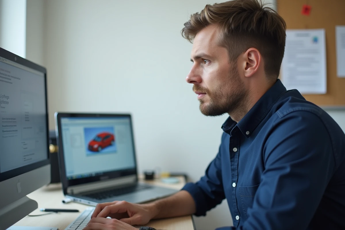 Technicien de contrôle technique connecté à son espace affilié Securitest sur un ordinateur portable dans un bureau professionnel