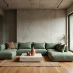 Salon contemporain en architecture intérieure minimaliste avec mur en béton brut, parquet en chêne et canapé modulable en lin vert sauge