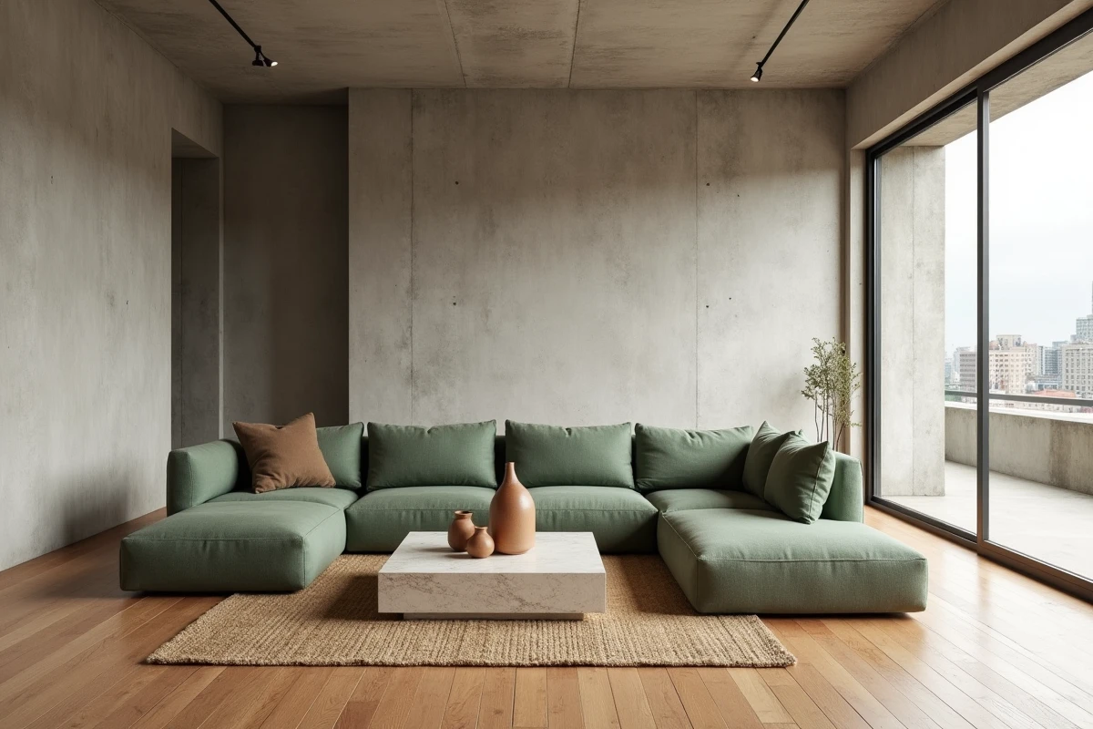 Salon contemporain en architecture intérieure minimaliste avec mur en béton brut, parquet en chêne et canapé modulable en lin vert sauge