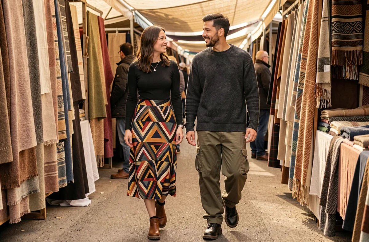 Deux amis aux styles tendance contrastés se promenant dans un marché de mode en plein air, diversité vestimentaire