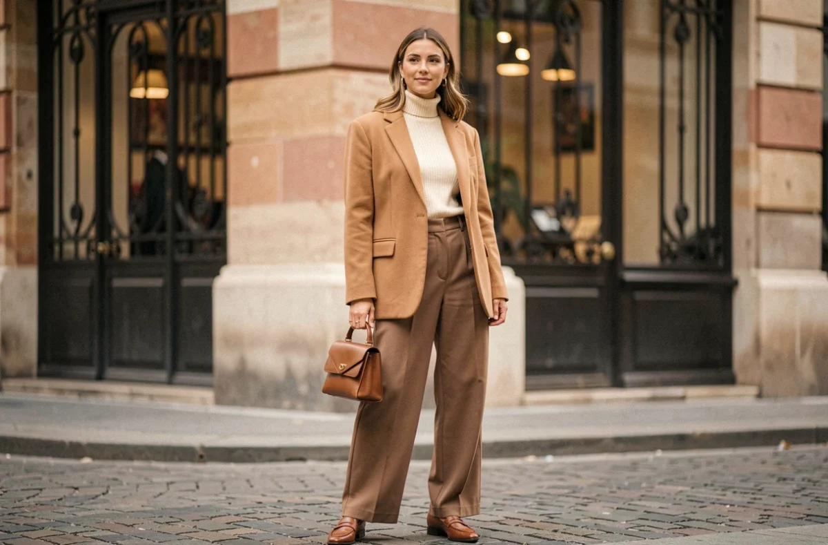 Femme élégante en blazer camel et pantalon large dans une rue pavée parisienne, tendances mode automne