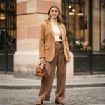 Femme élégante en blazer camel et pantalon large dans une rue pavée parisienne, tendances mode automne
