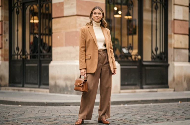 Femme élégante en blazer camel et pantalon large dans une rue pavée parisienne, tendances mode automne