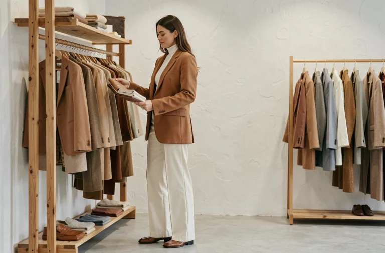 Femme élégante en blazer camel oversize et pantalon large dans une boutique de mode parisienne minimaliste