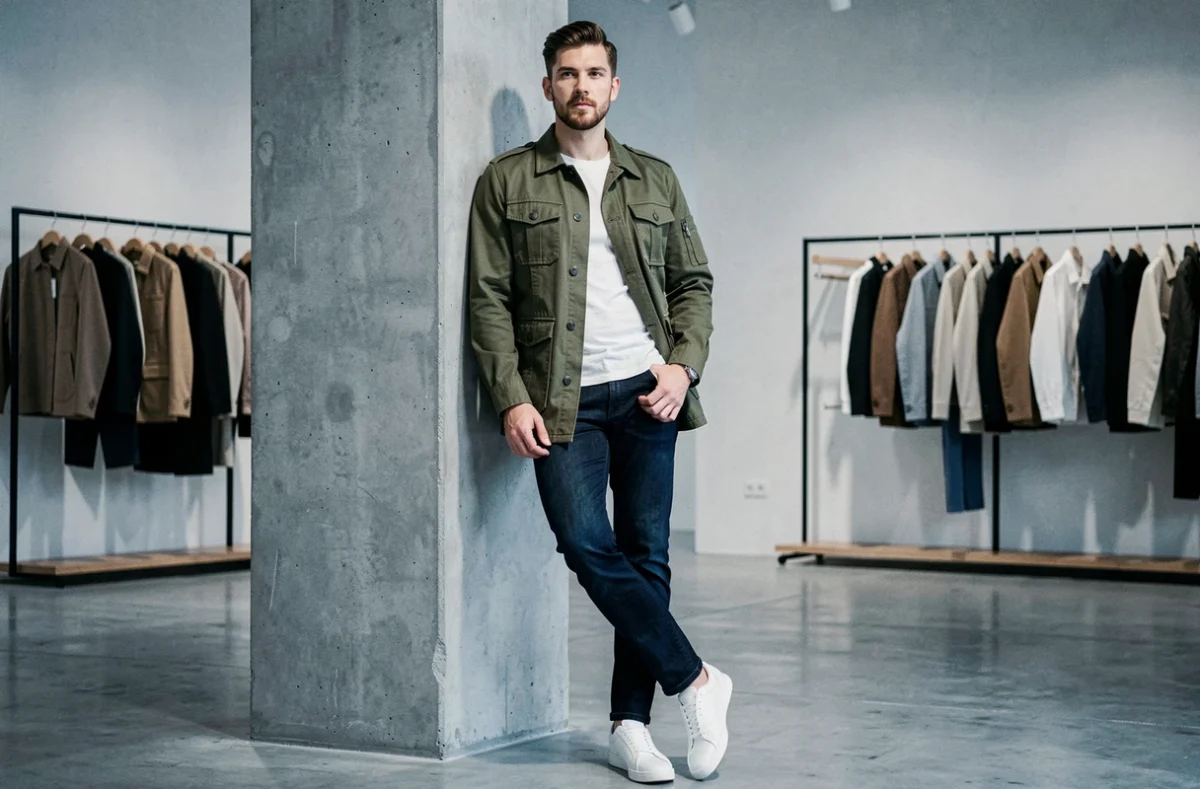 Homme en veste utilitaire olive dans un concept store moderne, style mode masculine tendance